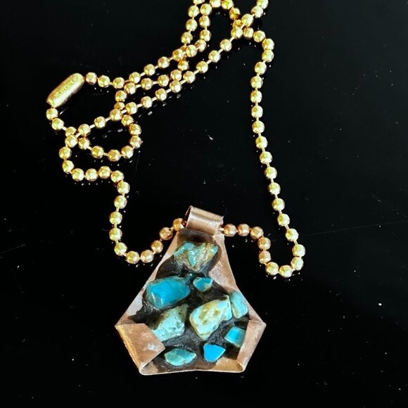 Kingman Turquoise Copper Pendant Necklace Brutalist Gift Choker 16" Handmade - Picture 2 of 5